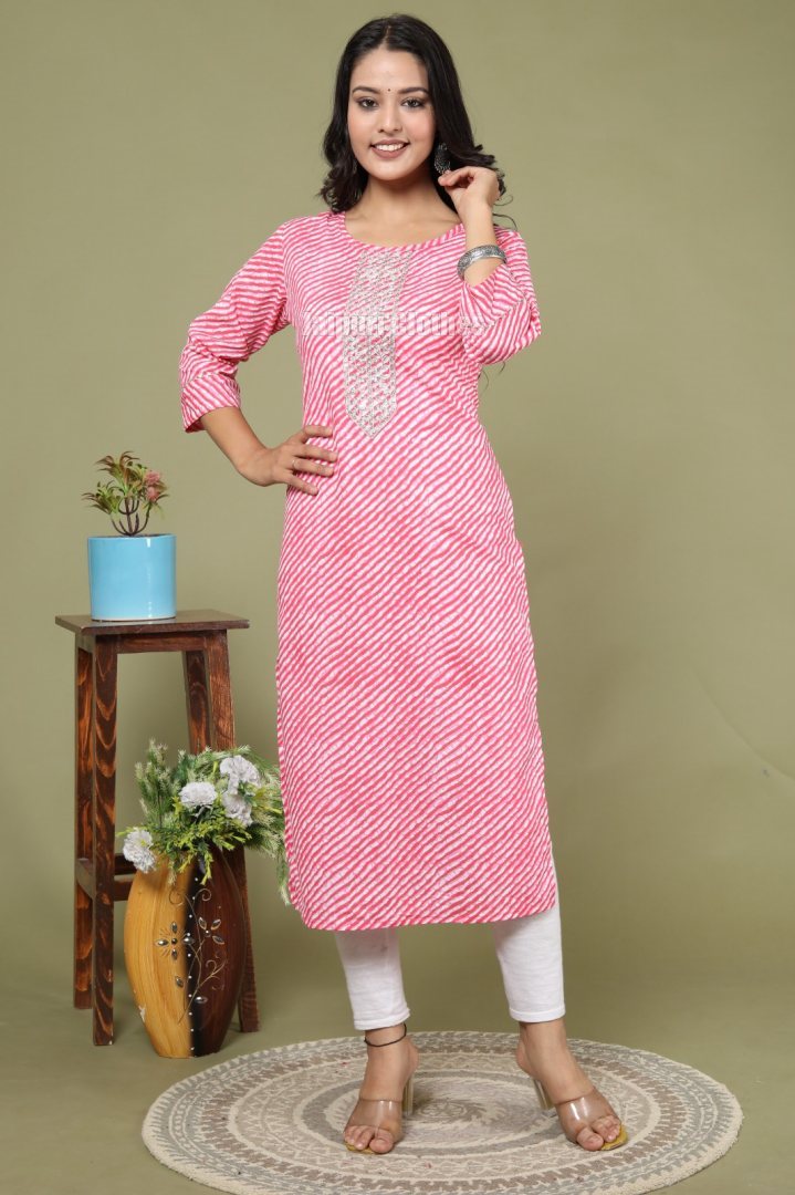 Women Leheriya Cotton Blend Straight Kurta Price in India, Full  Specifications & Offers | DTashion.com